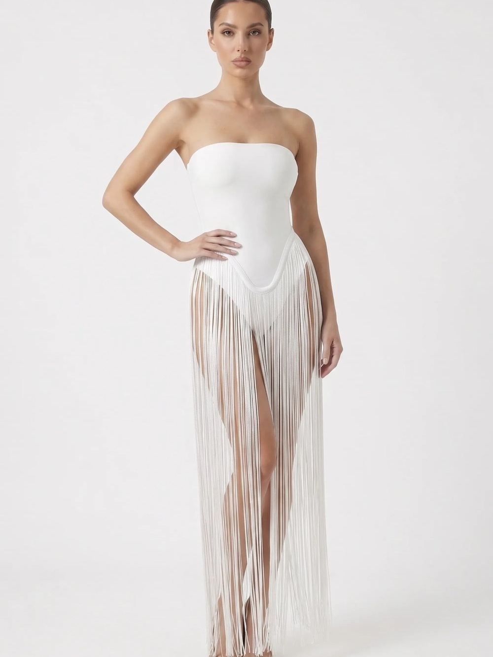 Jessica White Strapless Fringe Maxi One-Piece Swim